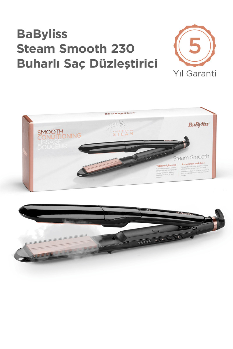BABYLİSS Steam Smooth 39mm 230°C 5 Isı Ayarı Turmalin Seramik İyon Etkili Buharlı Saç Düzleştirici ST493E