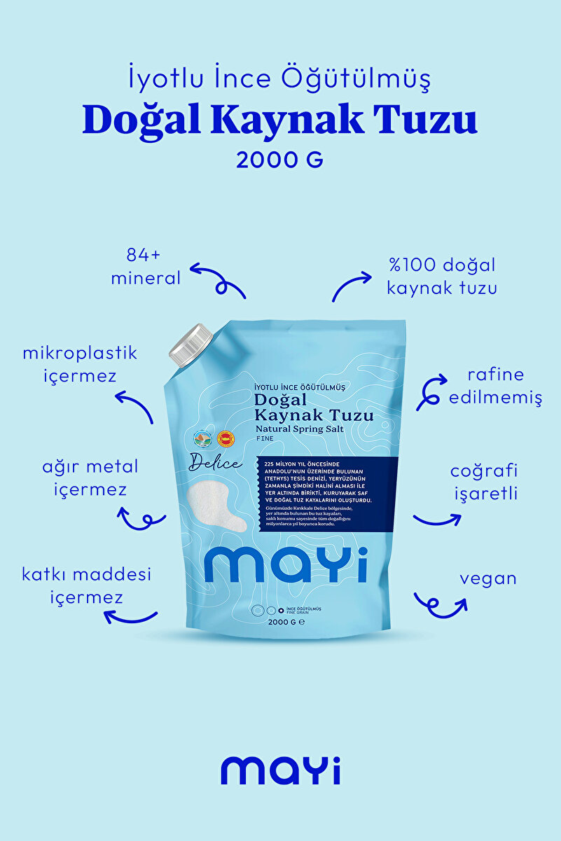 Mayi Tuz İyotlu İnce Öğütülmüş Doğal Kaynak Tuzu 2000 g e