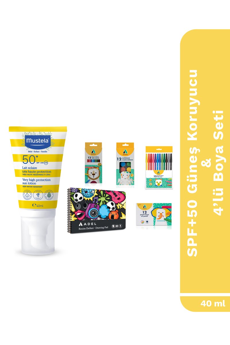 Mustela Minik Sanatçılar Güneş Seti SPF 50+ Yüz ve Vücut Güneş Losyonu 40 ml ve Boyama Seti