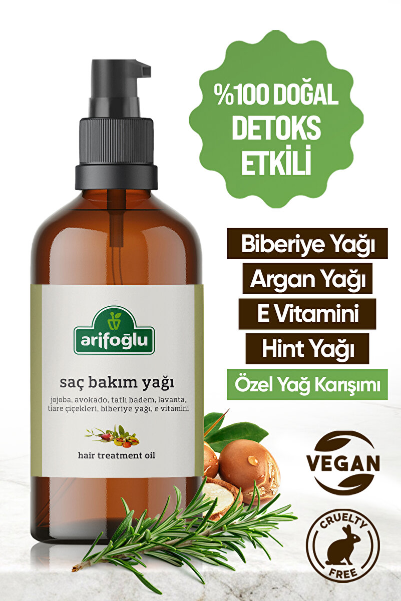 Arifoğlu Saç Bakım Yağı Biberiye, Argan -Hızlı Uzama Dökülme Karşıtı Detoks Etkili 100 ml.