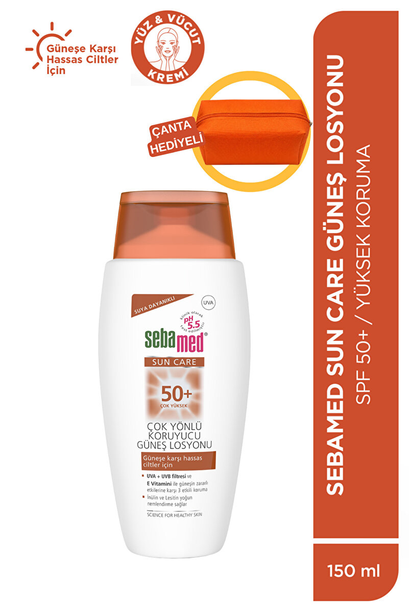 Sebamed Güneş Losyonu SPF 50+ 150 ml UVA UVB Filtreli E Vitamini Üçlü Yüksek Koruma Makyaj Çantası Hediyeli