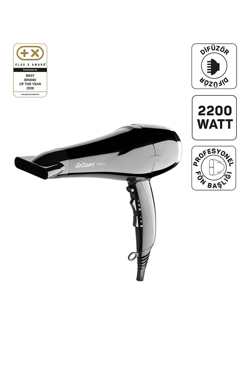 Arzum AR5011 İmaj Saç Kurutma Makinesi, 2 Hız 3 Isı Ayarlı, Difüzör Başlıklı, 2200W, Siyah