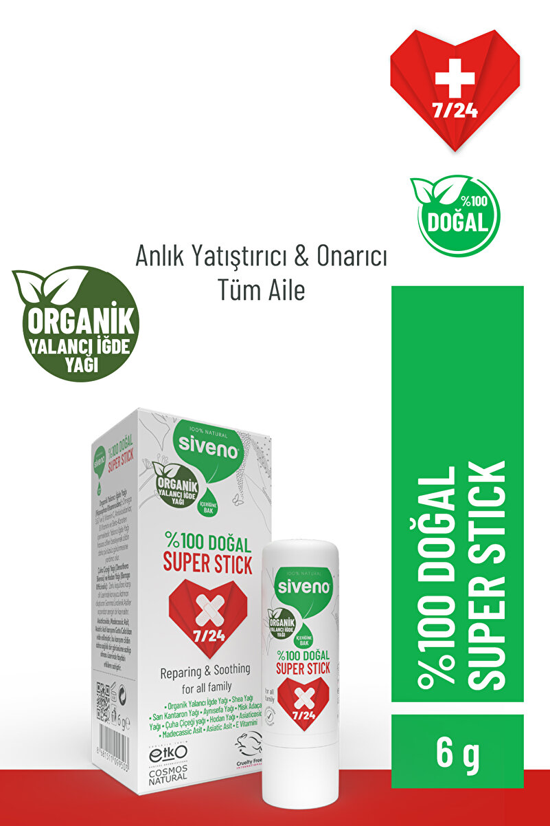 Siveno %100 Doğal Süper Stick Anlık Yatıştırıcı Onarıcı Organik Yalancı İğde Yağlı Bitkisel 6 gr