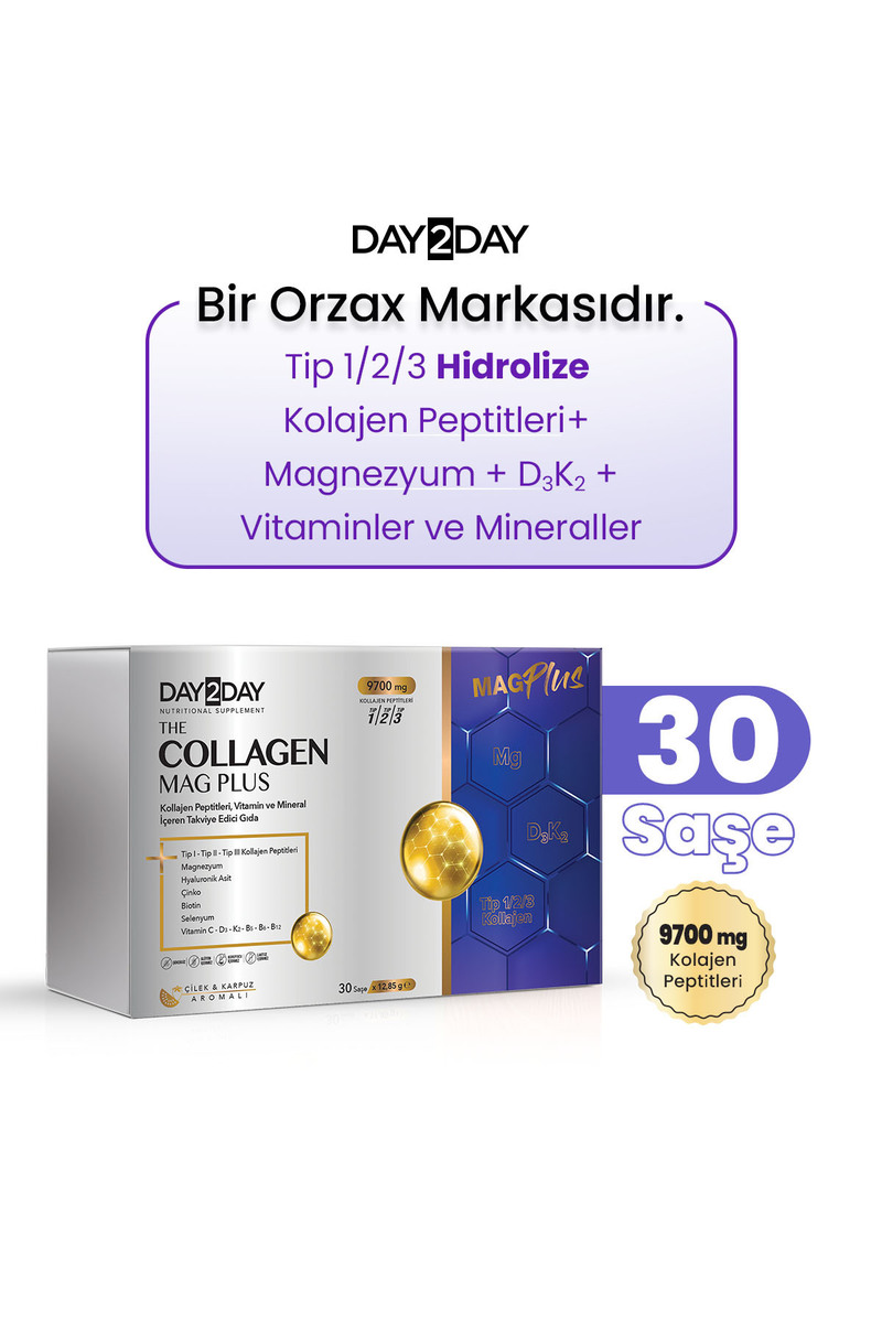 DAY2DAY The Collagen Mag Plus Tip 1-2-3 Kolajen-Çilek Karpuz-Magnezyum,HA,C-D3-K2-B5-B6-B12 Vitamin 30Saşe