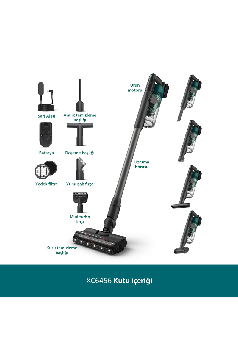 Philips 6000 Serisi Kablosuz Dik Süpürge, 25.2 V, PowerCyclone 11, TriActive LED başlık, XC6456/10