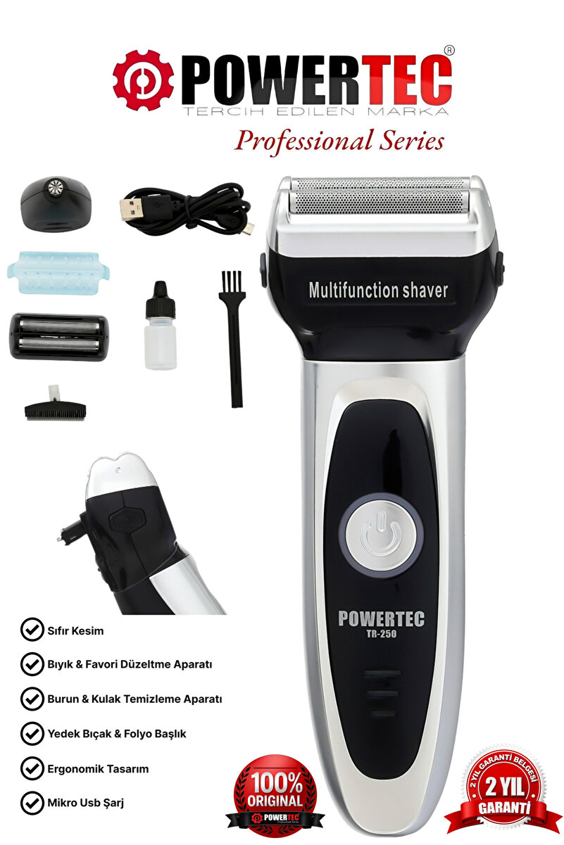 POWERTEC TR-250 Günlük Sakal Ve Burun-Kulak Tıraş Makinesi Yedek Başlık Hediyeli - METALİK GRİ-Yeni Versiyon