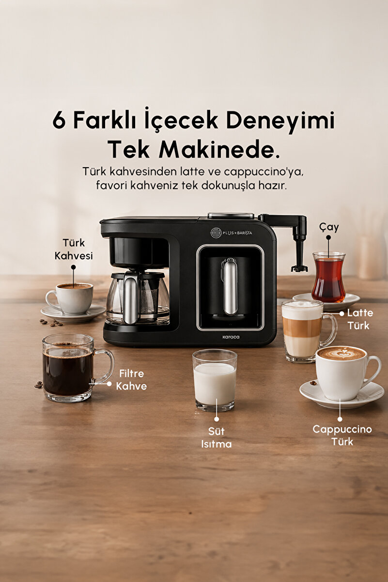 Karaca Hatır Plus Barista 6 In 1 Latte Cappucino ve Közde Türk Kahvesi Makinesi Black Silver
