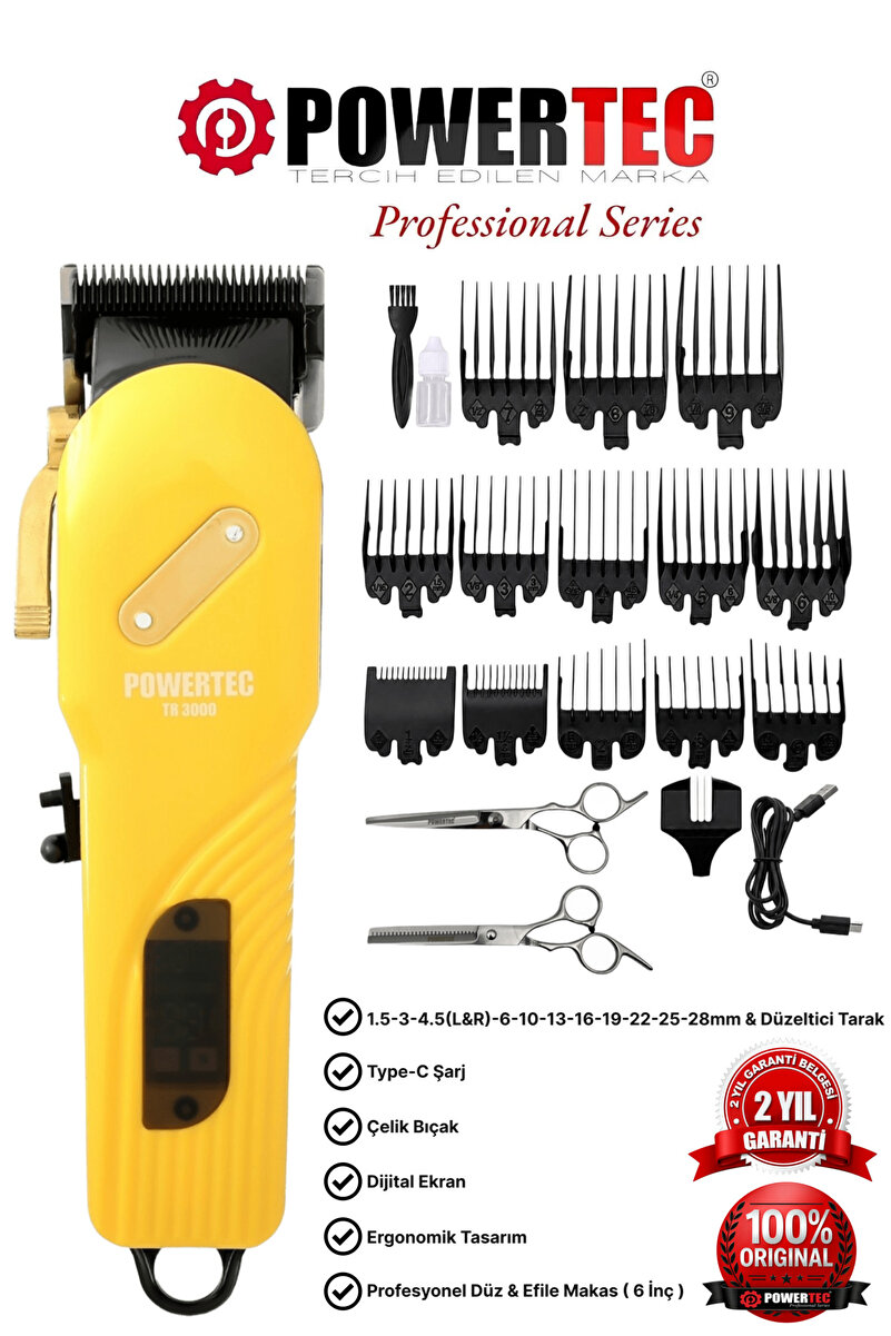 POWERTEC TR-3000 Profesyonel Şarjlı Saç Sakal Tıraş Makinesi | Makas Hediyeli
