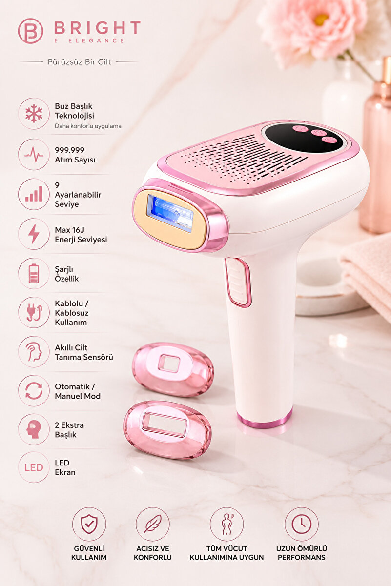 Bright Elegance BE-9088 Şarjlı Buz Başlık Ipl Lazer Epilasyon Cihazı 999.999 Atım 9 Kademe Otomatik Manuel