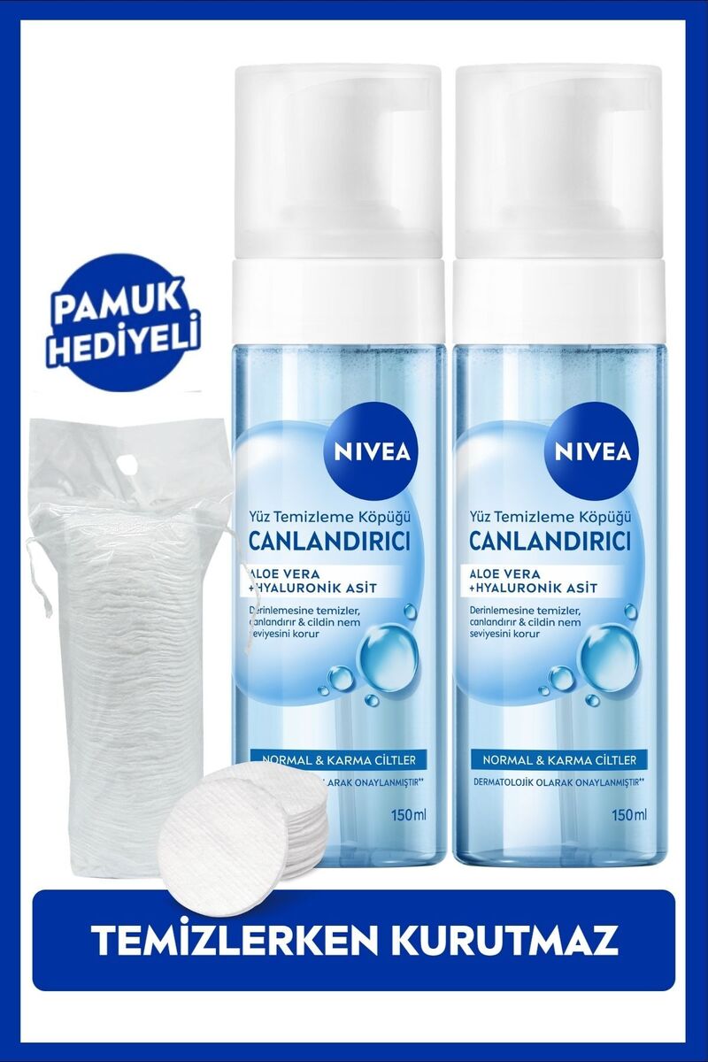NIVEA Canlandırıcı Yüz Temizleme Köpüğü 150ml, Nemlendirici, Normal ve Karma Cilt, X2Adet, Pamuk Hediyeli