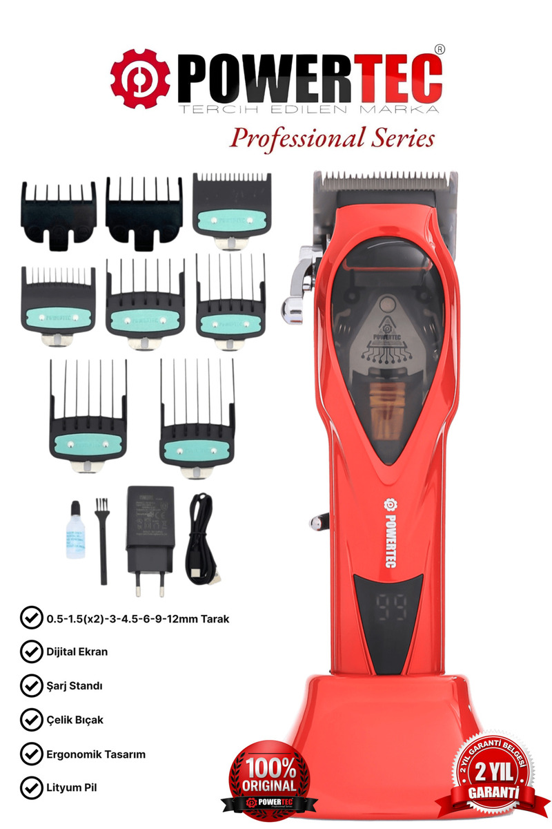 POWERTEC TR-3900 Profesyonel Şarjlı Saç Sakal Tıraş Makinesi Yüksek Devir 10.000 RPM