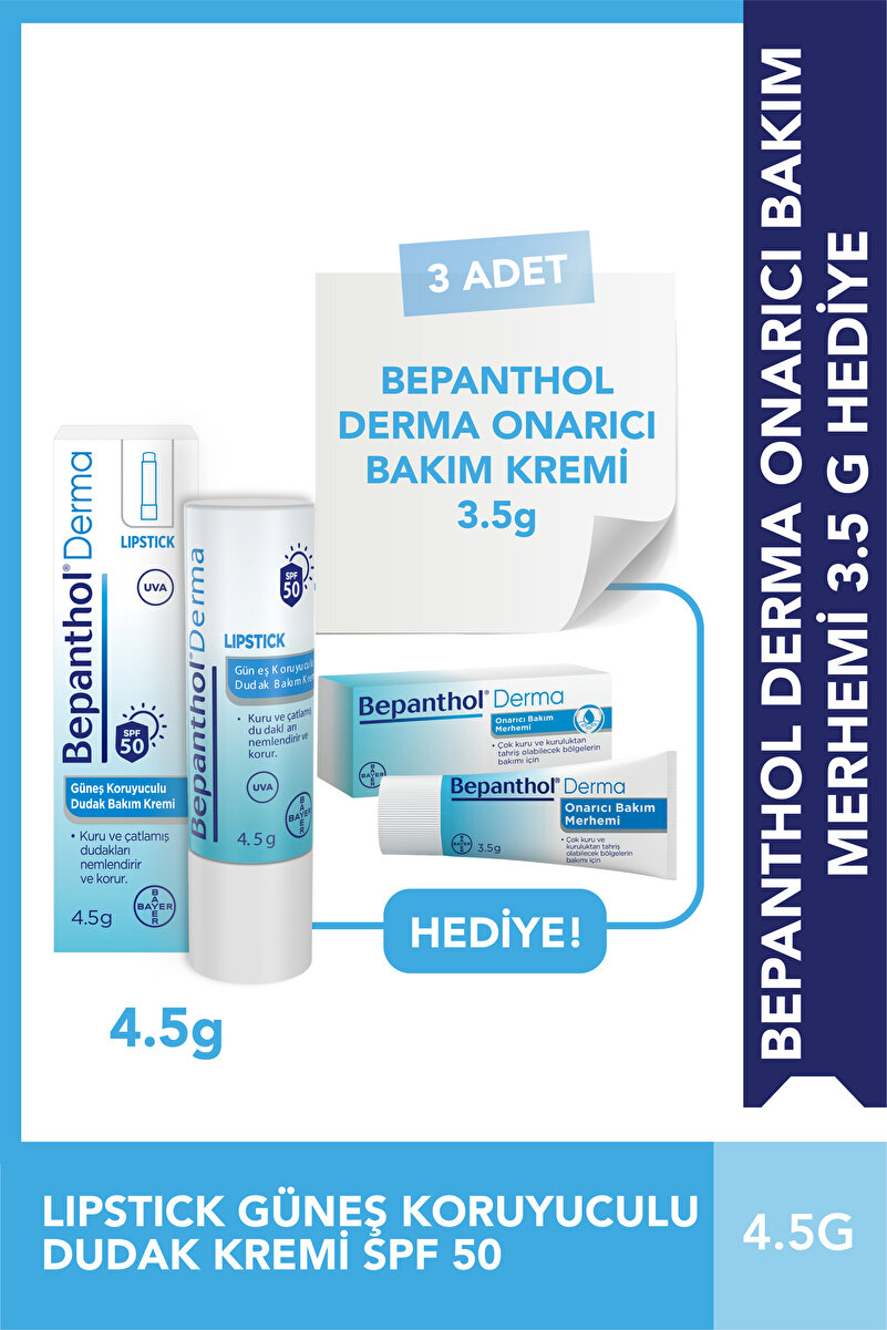 Bepanthol Lipstick Spf Güneş Koruyuculu 4,5 gr + 3 Adet Onarıcı Bakım Merhemi 3,5 gr