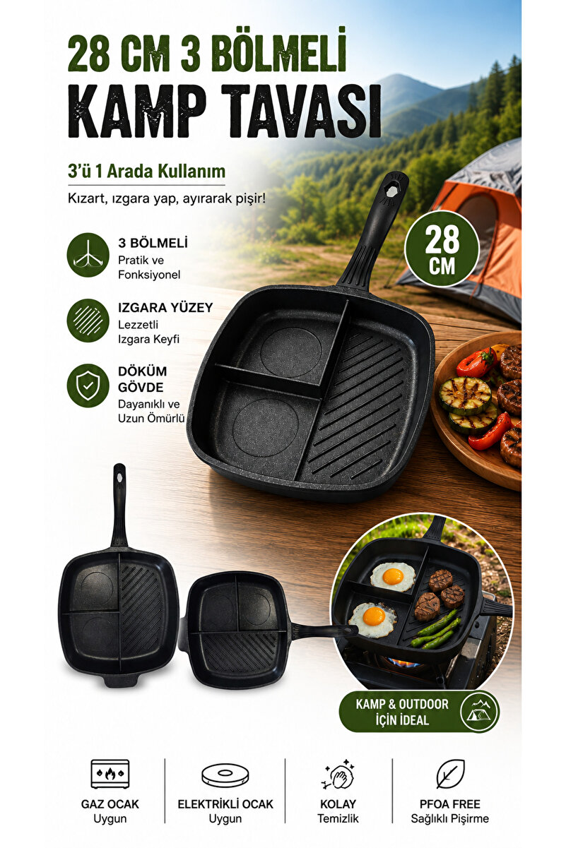 Taç 3 Bölmeli Döküm Tava 28 cm cm | Ocak & Fırın Uyumlu | Kamp ve Mutfak İçin Çok Amaçlı Kahvaltı Tavası