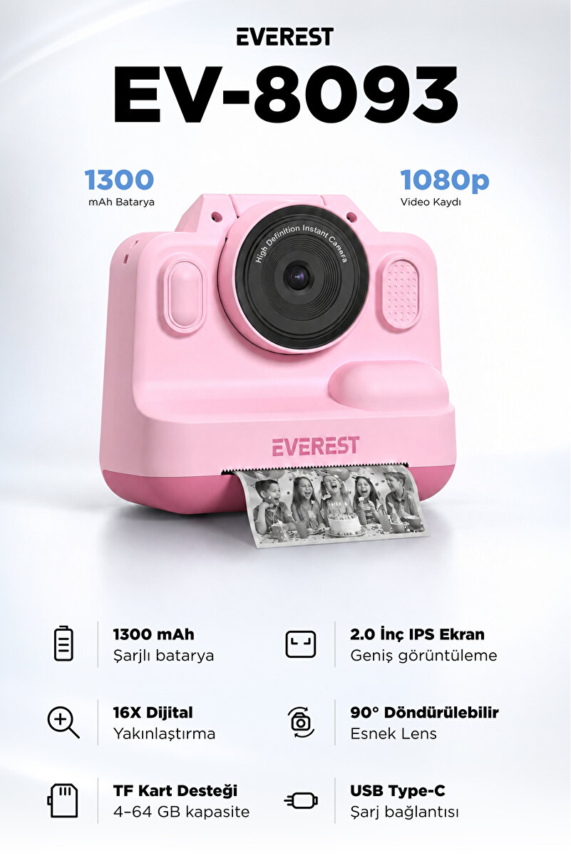 Everest EV-8093 Pembe 1080P Full HD 1300mAh Şarjlı Müzik Anında Baskı Yapabilen Dijital Çocuk Kamera