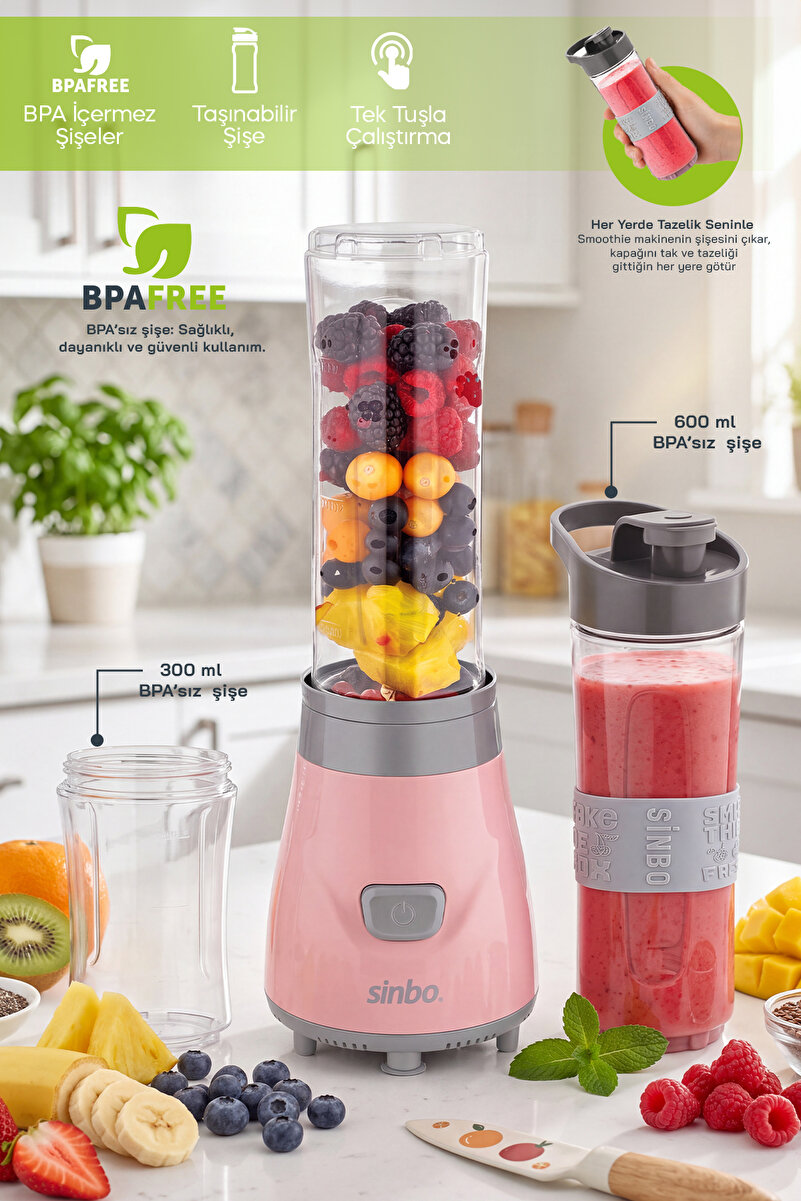 Sinbo SHB-3150 Pembe Smoothie Blender 500 W - 2 Taşınabilir Şişeli Kişisel Blender