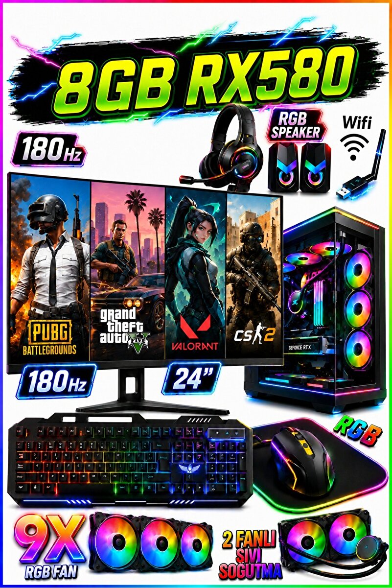 Dmc N59x Windows 11 Ryzen 5 5500,16GB RAM,500GB 256GB SSD,RX580,24"180hz Sıvı soğutmalı Oyuncu Masaüstü Bilgisayar