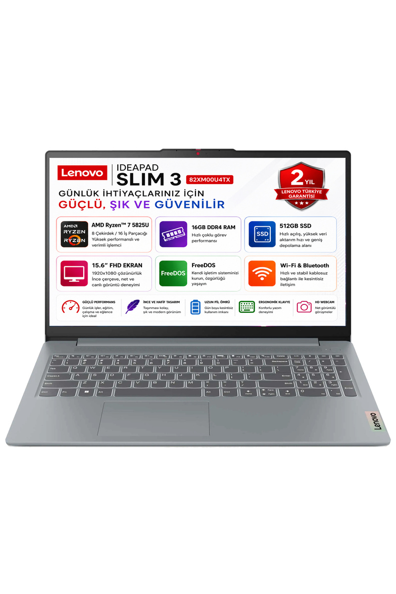 LENOVO IdeaPad Slim 3 15ABR8 AMD Ryzen 7 5825U 16GB 512GB SSD Freedos 15.6" FHD Taşınabilir Bilgisayar 82XM00U4TX