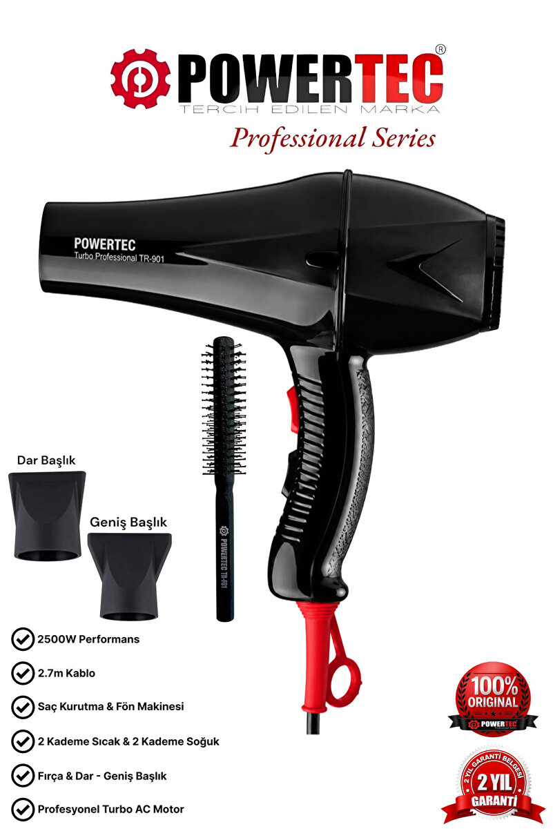 POWERTEC TR-901 Turbo Profesyonel Fön Makinası + Berber Fön Fırçası