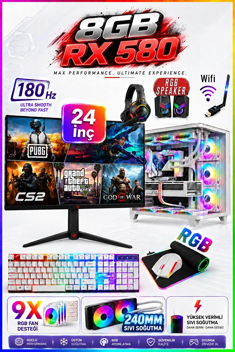 Dmc N25 Windows 11 Ryzen 5 5500,32GB DDR4 RAM,512GB M2 SSD,8GB RX580,24'' 180hz Sıvı Soğutmalı Oyuncu Masaüstü Bilgisayar