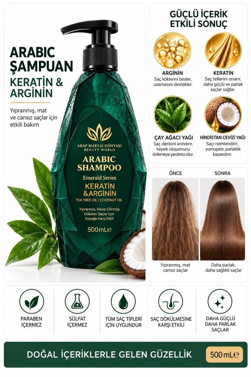 Arap Makyaj Dünyası Arap Şampuanı (500ML) Saç Uzatan, Dökülme Karşıtı