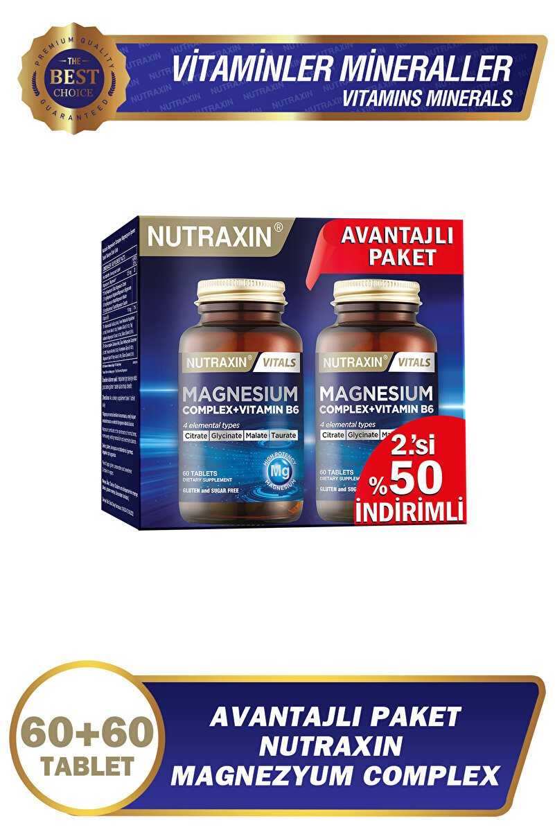 Nutraxin Magnezyum Complex 2. %50 - 2x60 Tablet - Bisiglinat - Taurat - Malat - Sitrat - B6