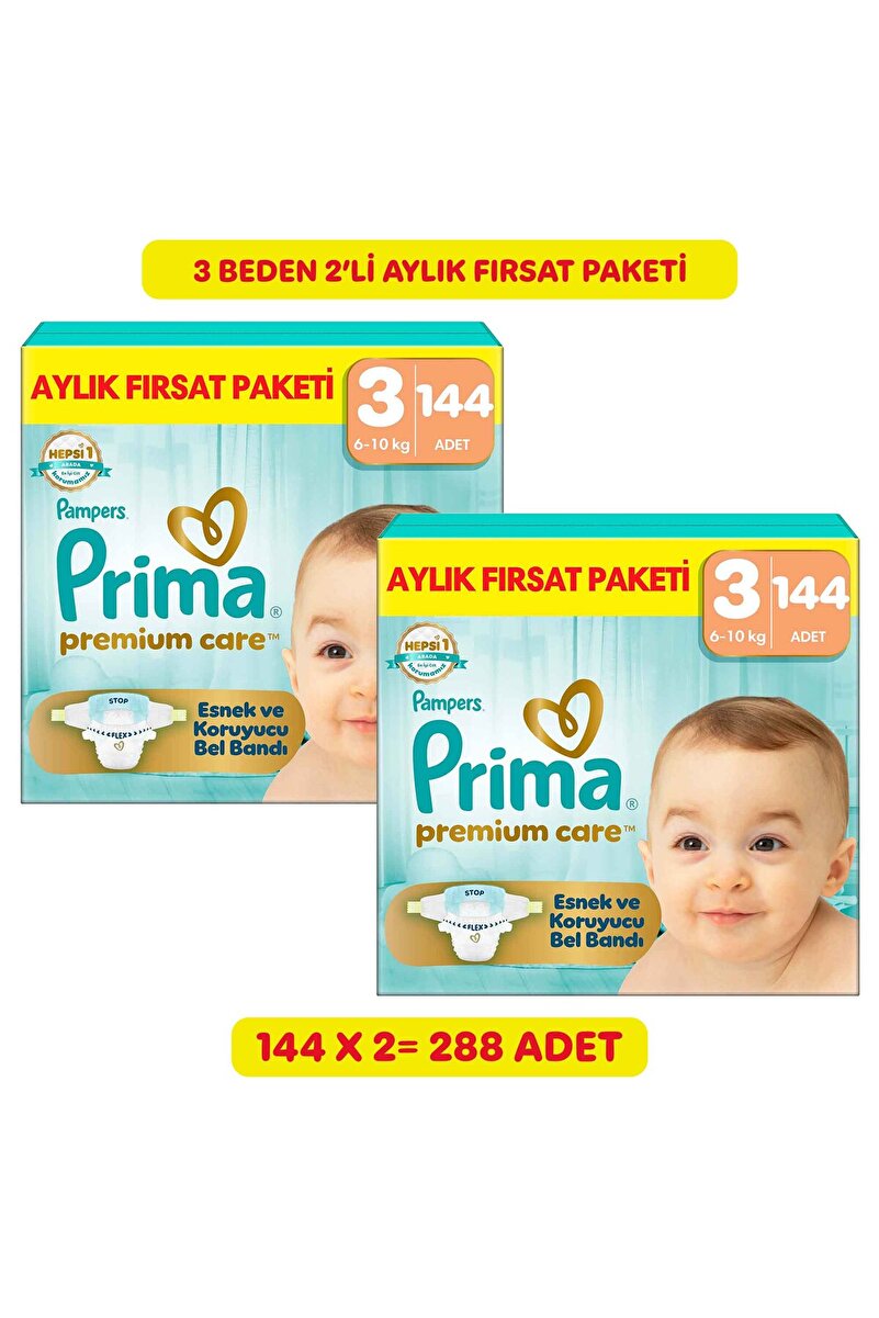 Prima Premium Care Aylık Fırsat Paketi 3 Numara 144 Adet Bebek Bezi x2