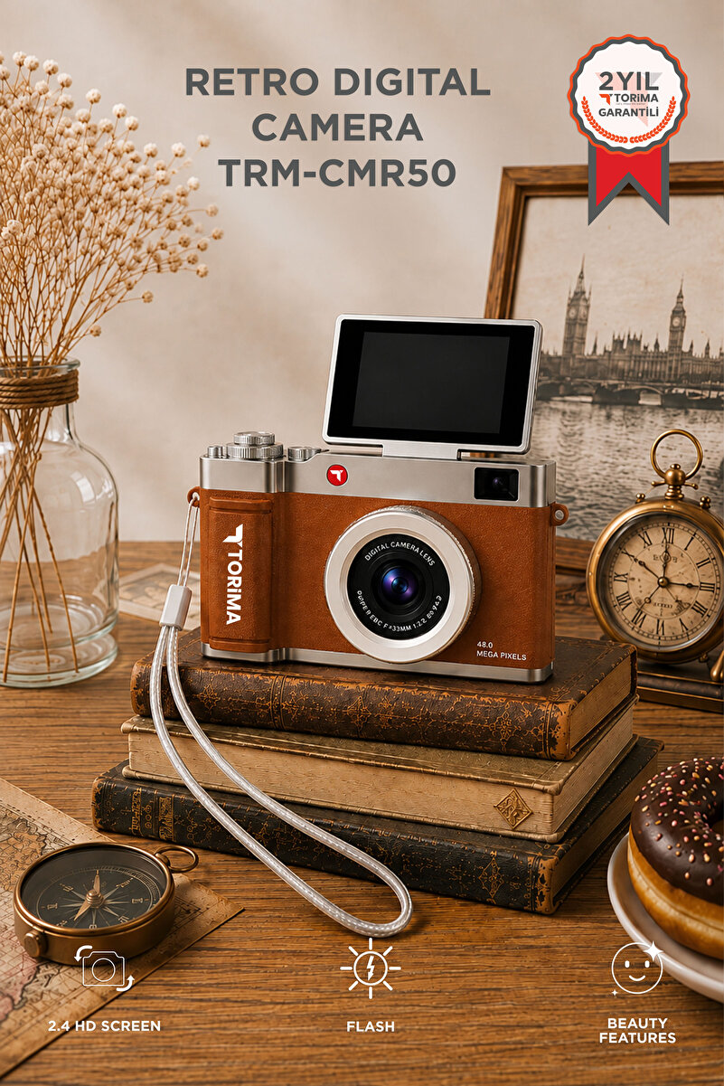 Torima Mini Dijital Retro Kamera Flip Ekranlı 48MP Selfie Video Vlog Kamerası CMR50 Kahverengi