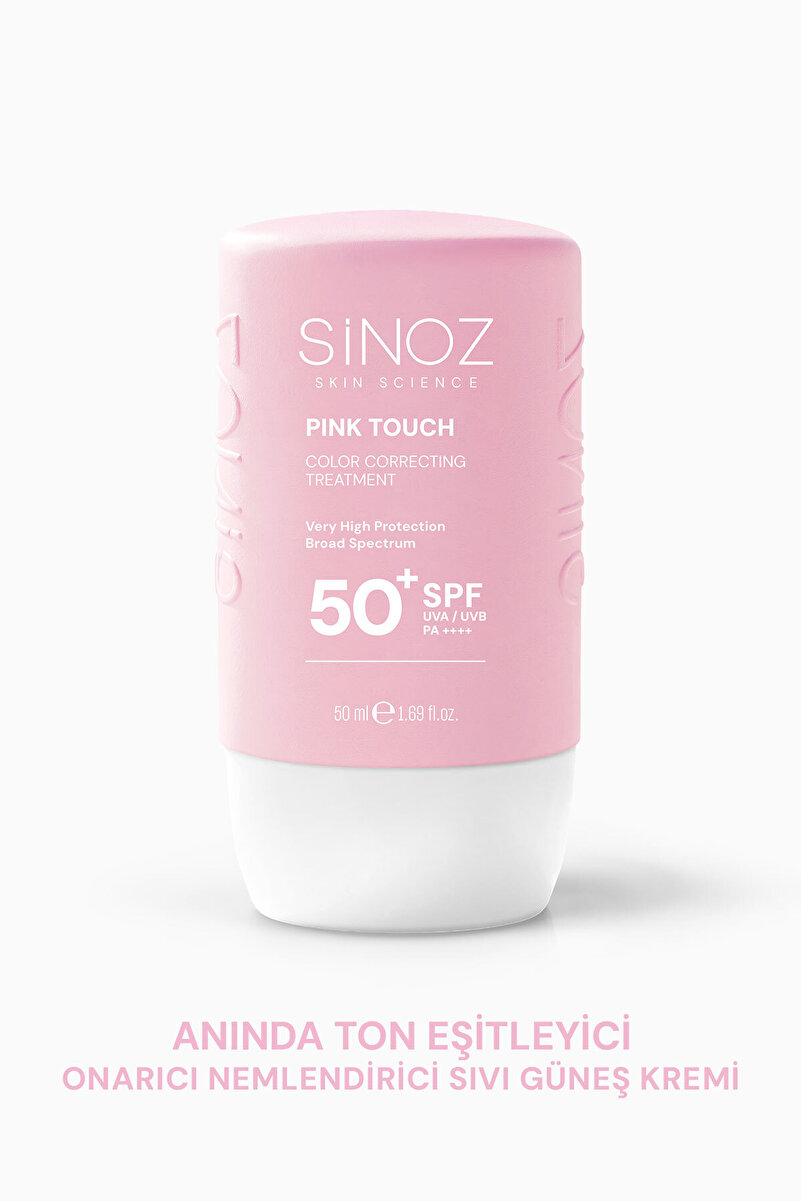 SİNOZ Pink Touch Anında Ton Eşitleyici Leke Karşıtı SPF50+ Pembe Sıvı Yüz Güneş Kremi PA++++ 50ml