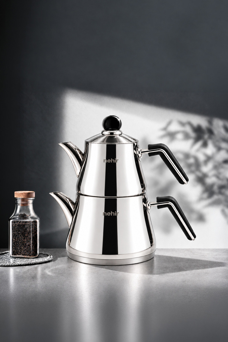 Nehir Luna Sade Midi Boy Çelik Kapaklı Paslanmaz Çelik 0.75-1.50 Litre Çaydanlık Takımı
