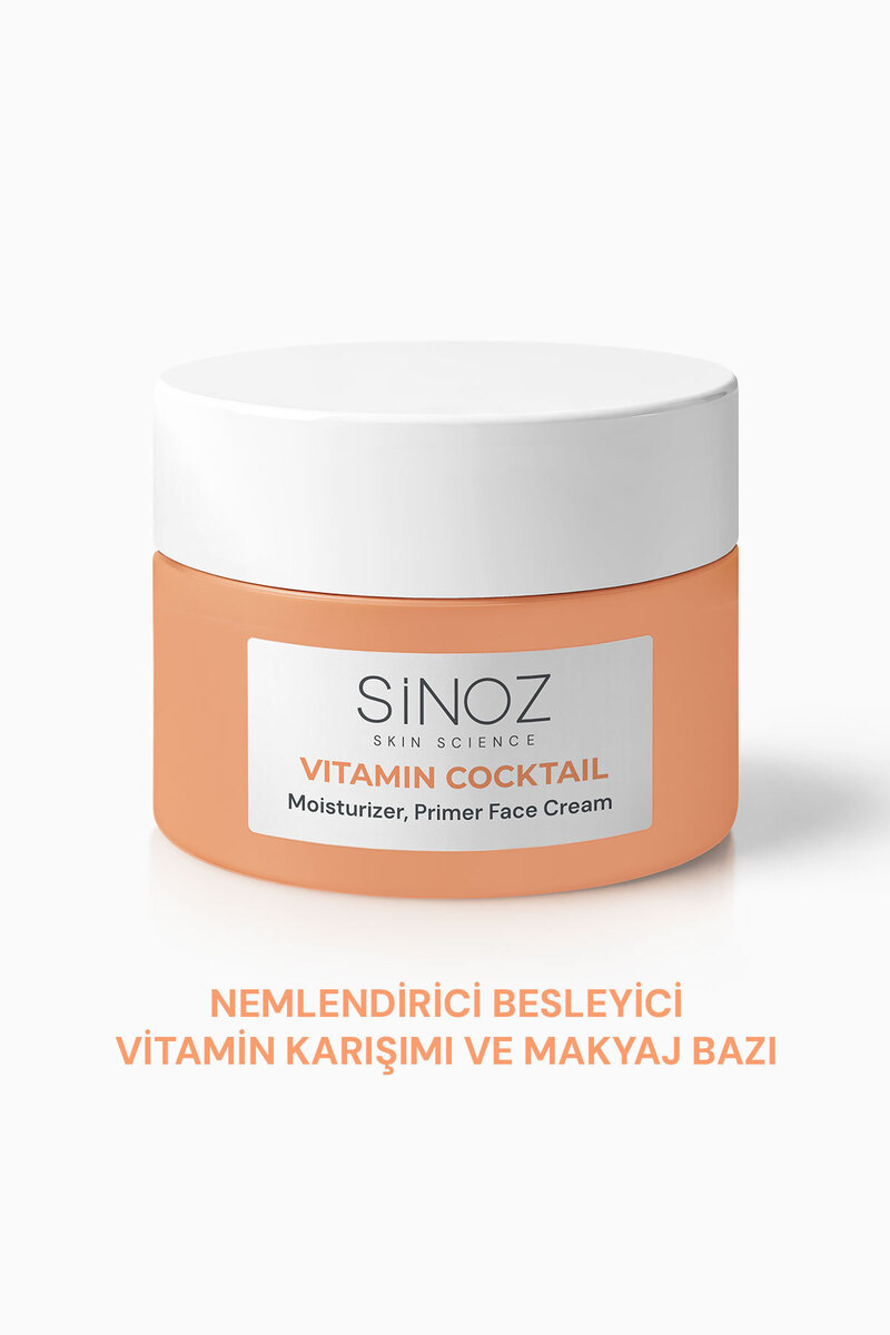 SİNOZ Vitamin Kokteyl-Nemlendirici Besleyici Onarıcı Yüz Kremi (Vitamin C+ B3 +B5 +E) ve Makyaj Bazı 50Ml