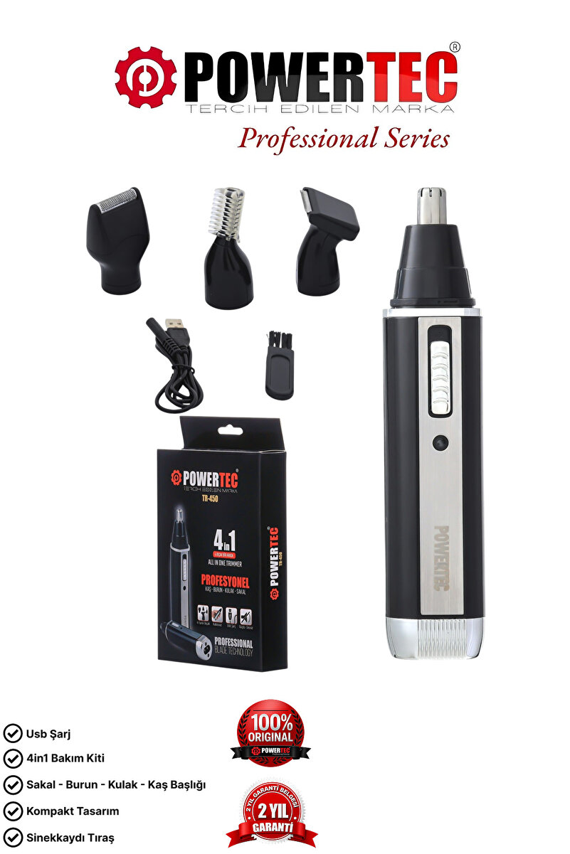 POWERTEC TR-450 Profesyonel 4'ü 1 Arada Sakal Kaş Burun Kulak Kıl Tüy Alma Erkek Bakım Seti