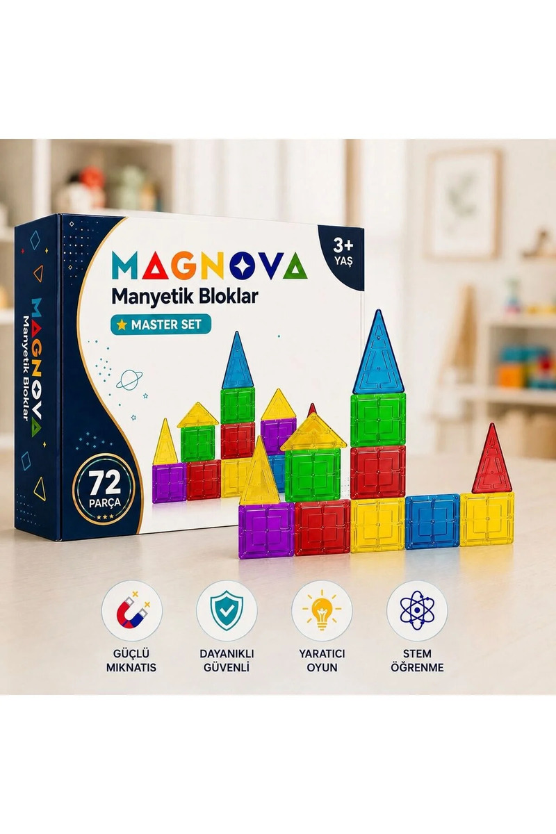 Magnova 72 Parça Manyetik Yapı Blokları - Çocuklar için Renkli 3 Boyutlu Karo Oyun Seti Oyuncak Yap-Boz