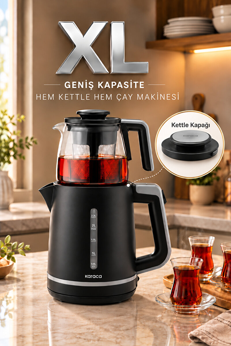Karaca Maxi Tea XL Çay Makinesi ve Su Isıtıcısı Kapaklı Kettle Space Gray