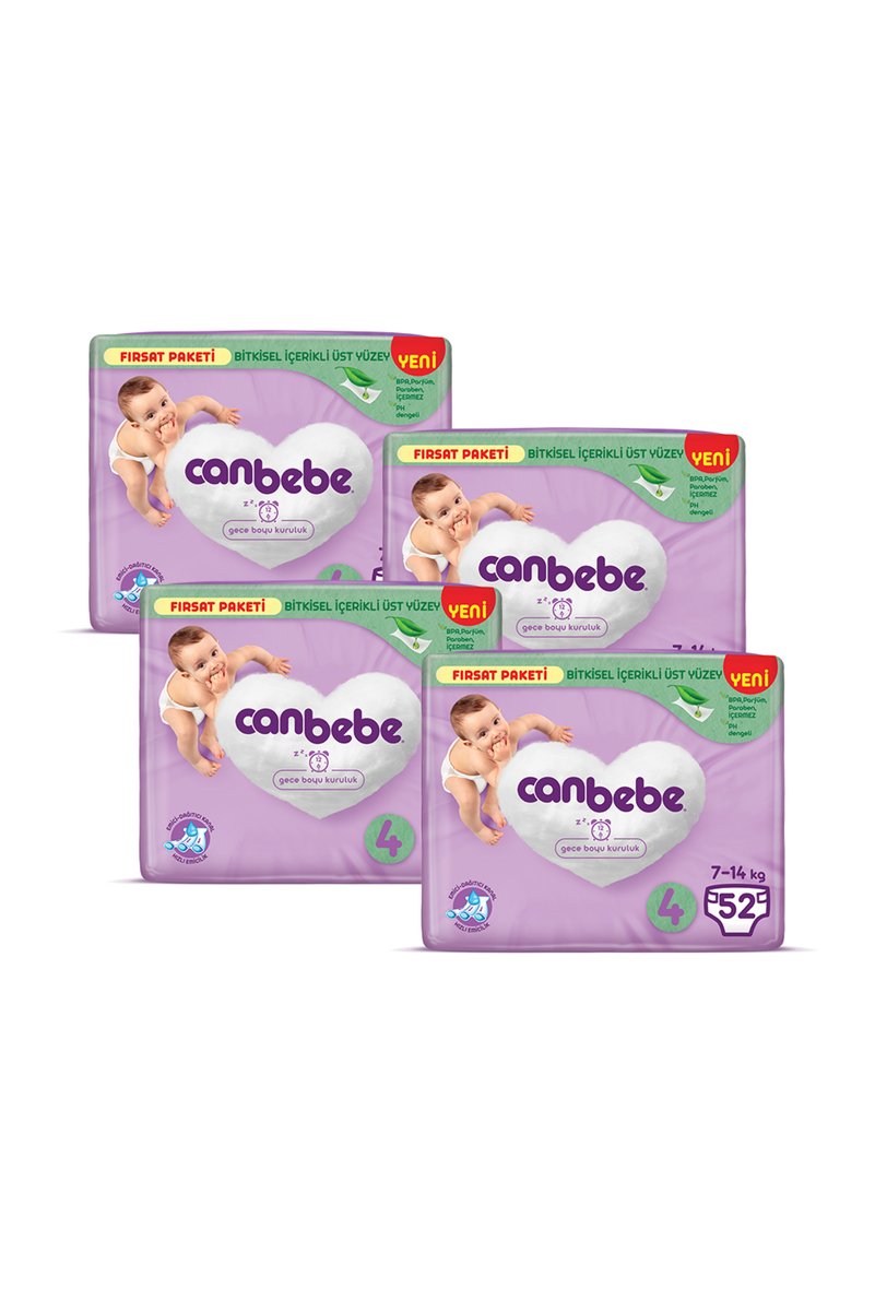 Canbebe Bebek Bezi Fırsat Paketi 4 Beden Maxi (7-14 KG) 52 Li X4