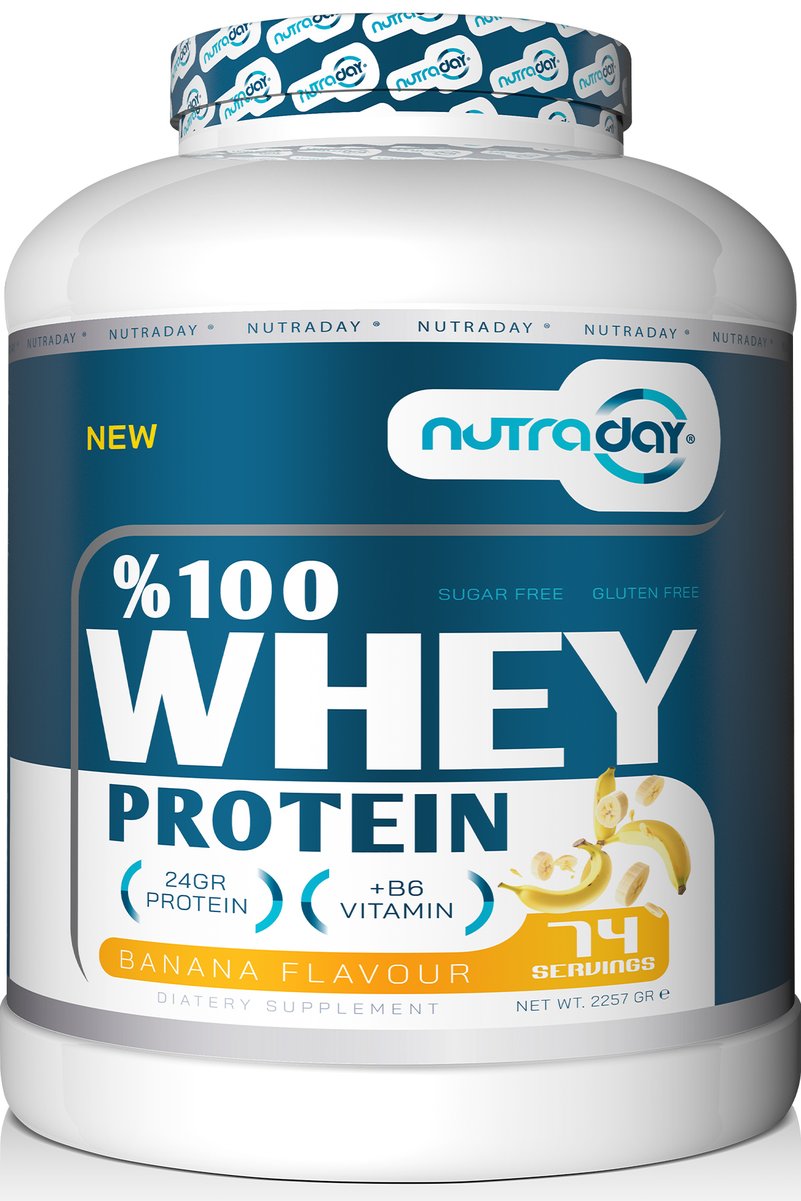 nutraday Whey Protein 2257 gr Muz Aromalı Protein Tozu 24 gram Protein 74 Servis