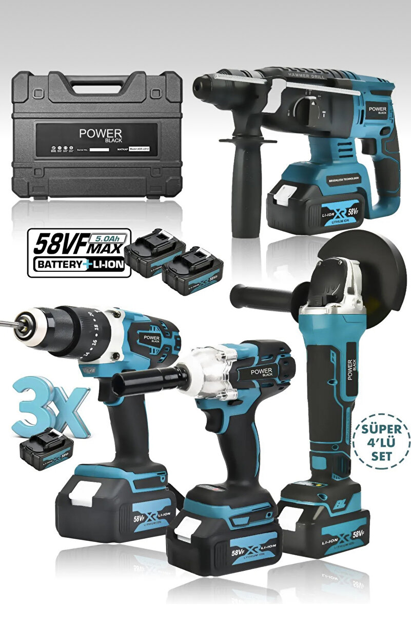 POWER BLACK Profesyonel 4'lü Set 2-26 Şarjlı Hilti-şarjlı Taşlama-13mm Şarjlı Darbeli Matkap-