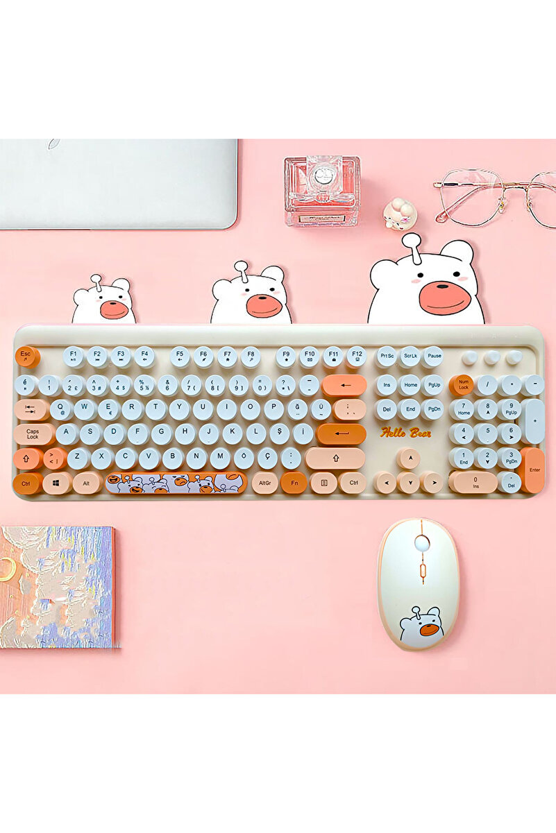Microcase Mofii Ayıcık Desenli Kablosuz Renkli Yuvarlak Tuşlu Türkçe Klavye Mouse Set-al4258
