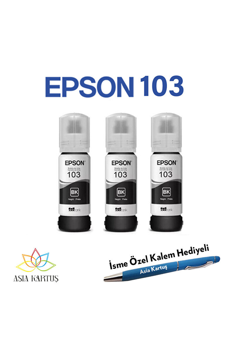 EPSON 103 (BK) 3'Lü Siyah, Epson EcoTank L1250 Uyumlu Kalem Hediyeli 3 Siyah Mürekkep Seti