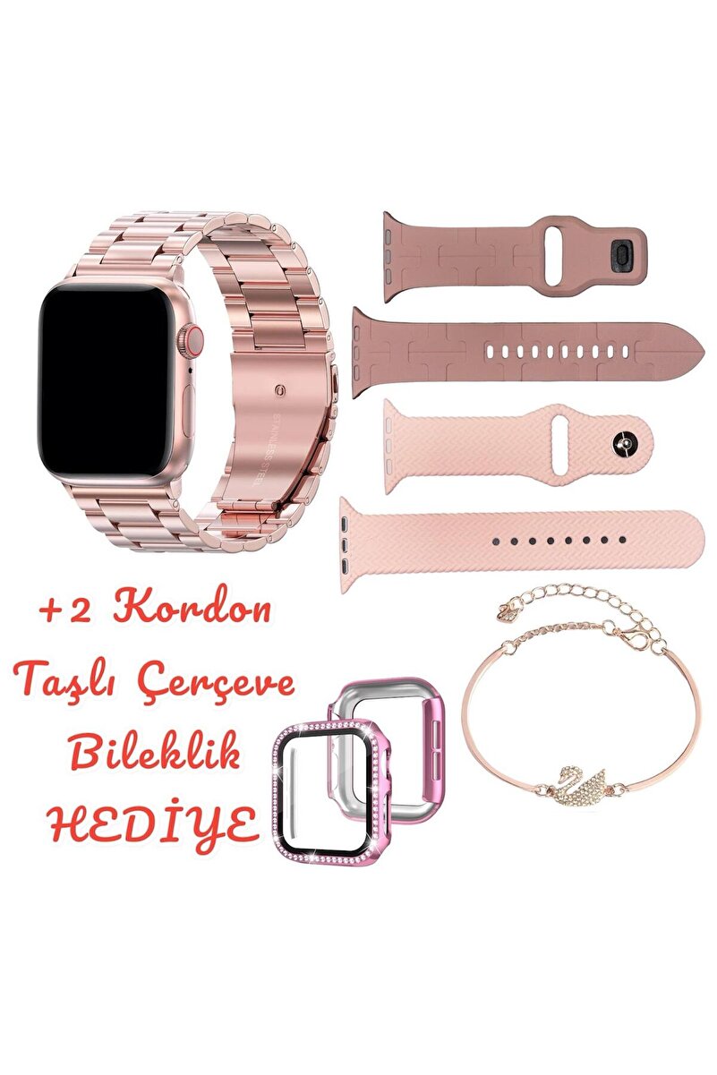 Rabbit Tech Rose Smart Watch Zarif Şık Kadın Akıllı Saat 41 Mm 3 Kordon Taşlı Çerçeve Charm Bileklik Hediyeli