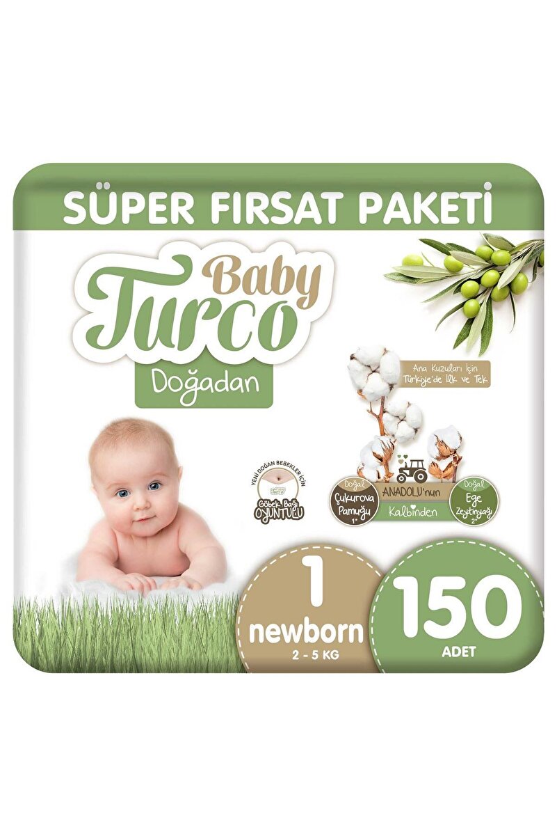 Baby Turco Doğadan Süper Fırsat Paketi Bebek Bezi 1 Numara Newborn 150 Adet