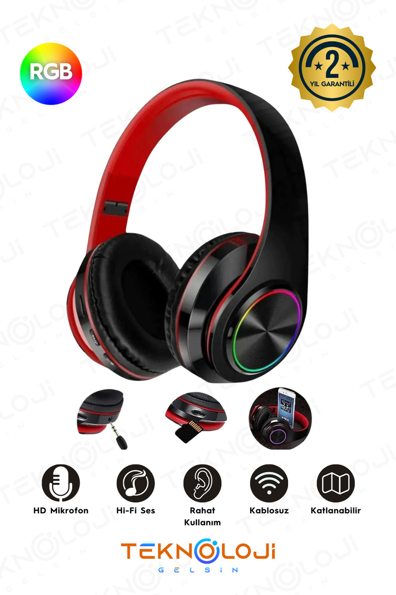 Teknoloji Gelsin Kablosuz Kulaklık Bluetooth Mikrofonlu Kulaküstü Kulaklık Led Işıklı Katlanabilir SİYAH-KIRMIZI