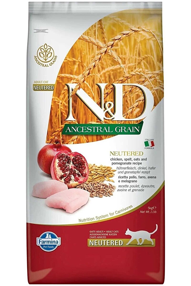 N&D Ancestral Grain Kısırlaştırılmış Düşük Tahıllı Tavuklu Ve Narlı Kısır Kedi Maması 5 Kg