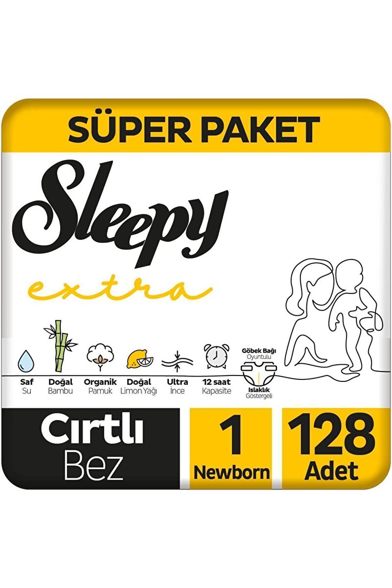 Sleepy Extra Günlük Aktivite Süper Paket Bebek Bezi 1 Numara Yenidoğan 128 Adet