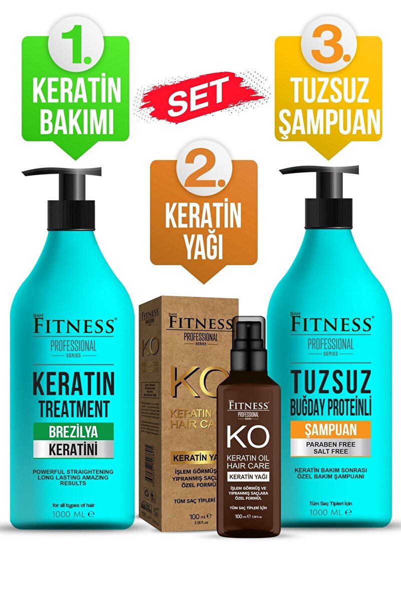 Fitness Professional Kalıcı Saç Düzleştirici Keratin Bakımı Brezilya Fönü & Parabensiz Tuzsuz Şampuan & Keratin Yağı