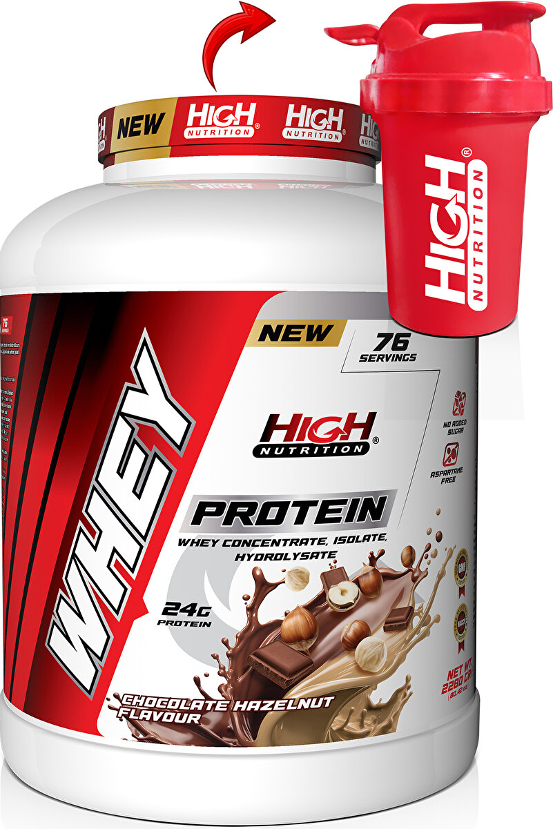 High Nutrition Whey Protein 2280 gr Çikolata Fındık Aromalı Protein Tozu 24 gram Protein 76 Servis Shaker Hediye