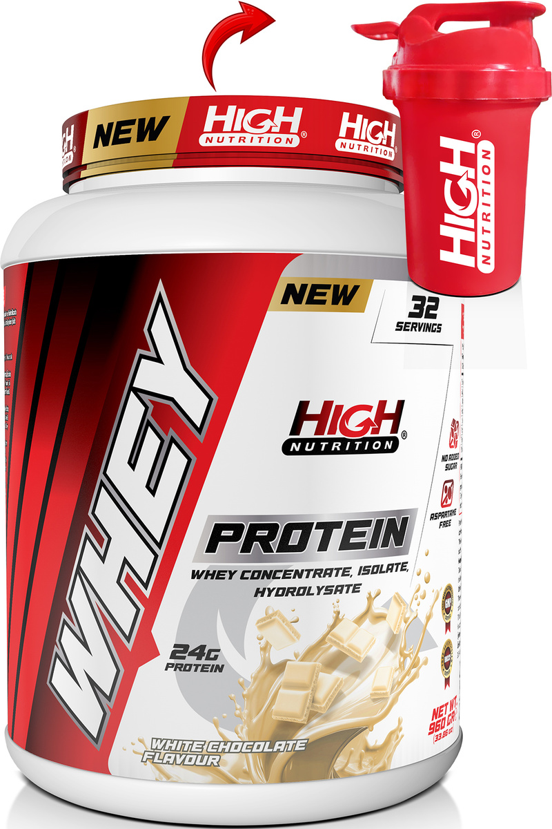 High Nutrition Whey Protein 960 gr Beyaz Çikolata Aromalı Protein Tozu 24 gram Protein 32 Servis Shaker Hediye