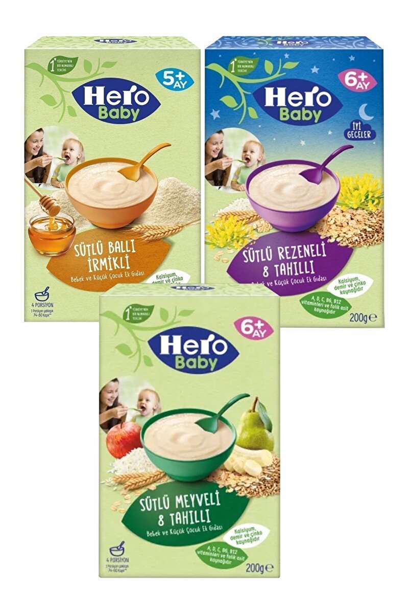 Hero Baby Sütlü Rezeneli 8 Tahıllı + Sütlü Meyveli 8 Tahıllı + Sütlü Ballı Irmikli 3'lü Avantajlı Paket