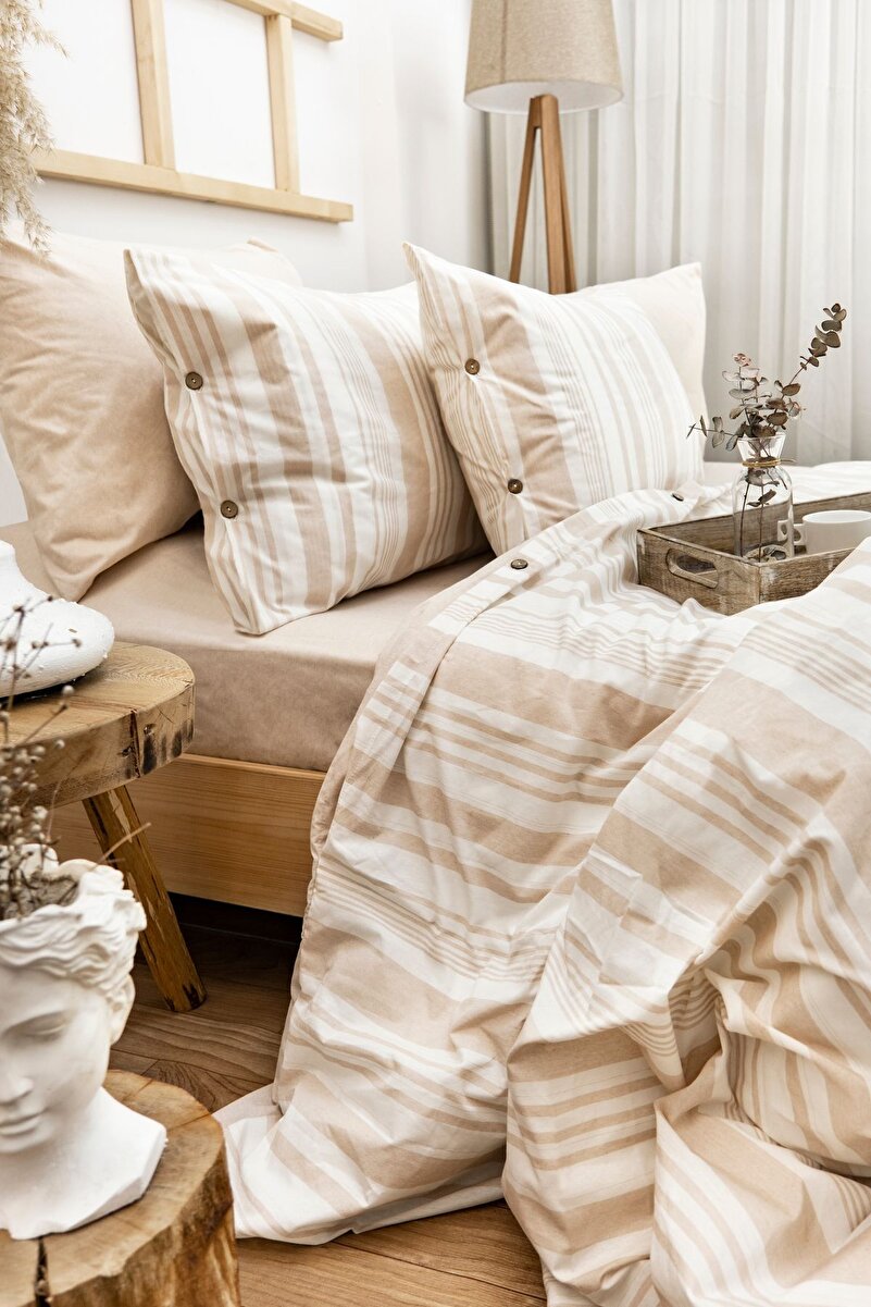 BESTİNA GOLD Harmony Hues İpliği Boyalı Doğal Çift Kişilik Nevresim Takımı (Çarşafı Lastikli)