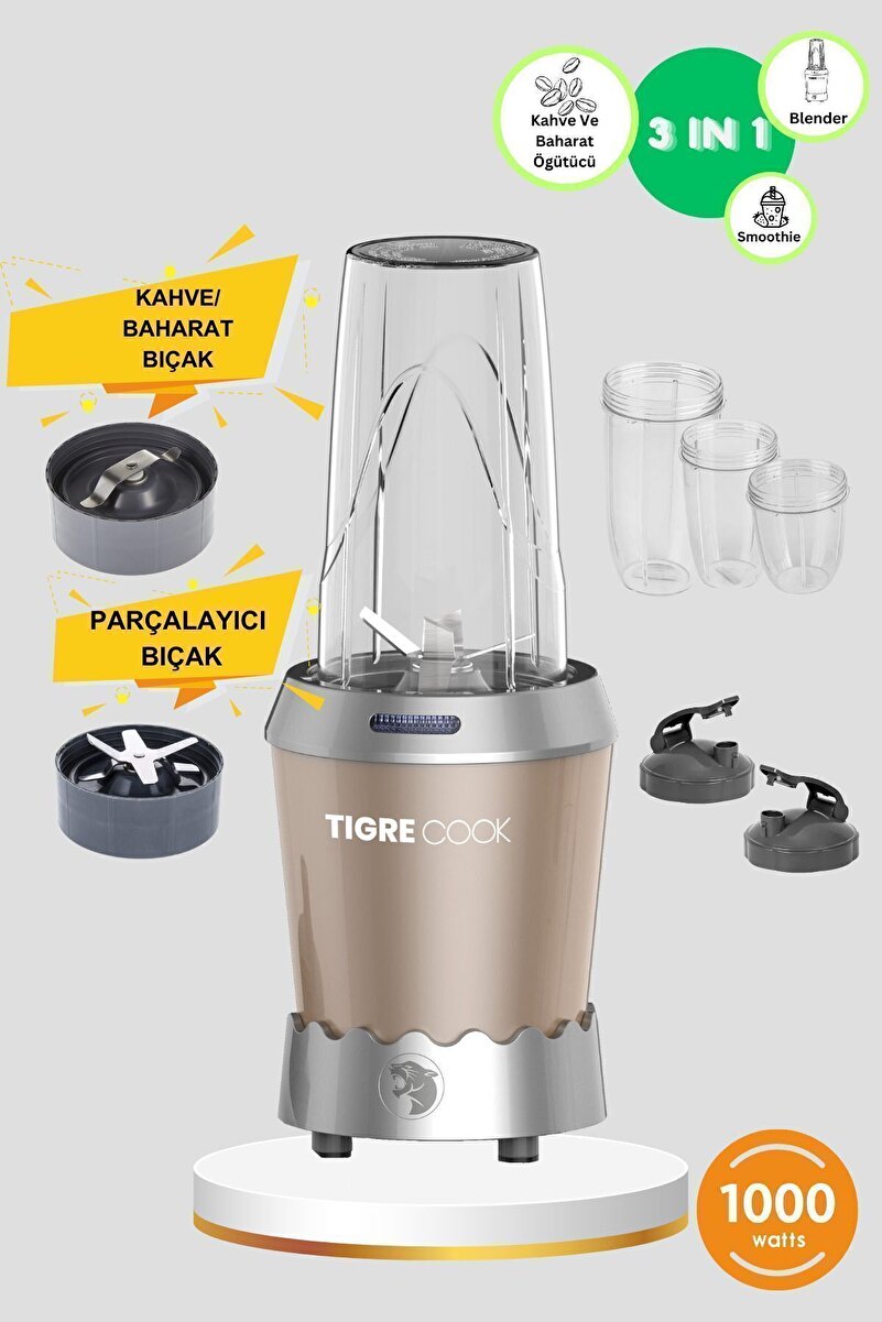 TIGRECOOK Nutrıshake 3 In 1 Kişisel Smoothie Blender Ve Kahve Baharat Öğütücü 1000w