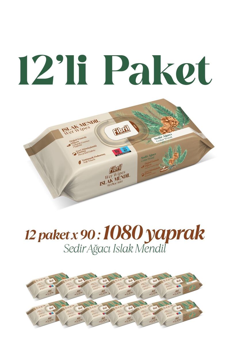Fibril Sedir Ağacı Kokulu Islak Mendil 12x90 lı Paket 1080Yaprak Doğal Esans , Geri Dönüştürülebilir Kumaş